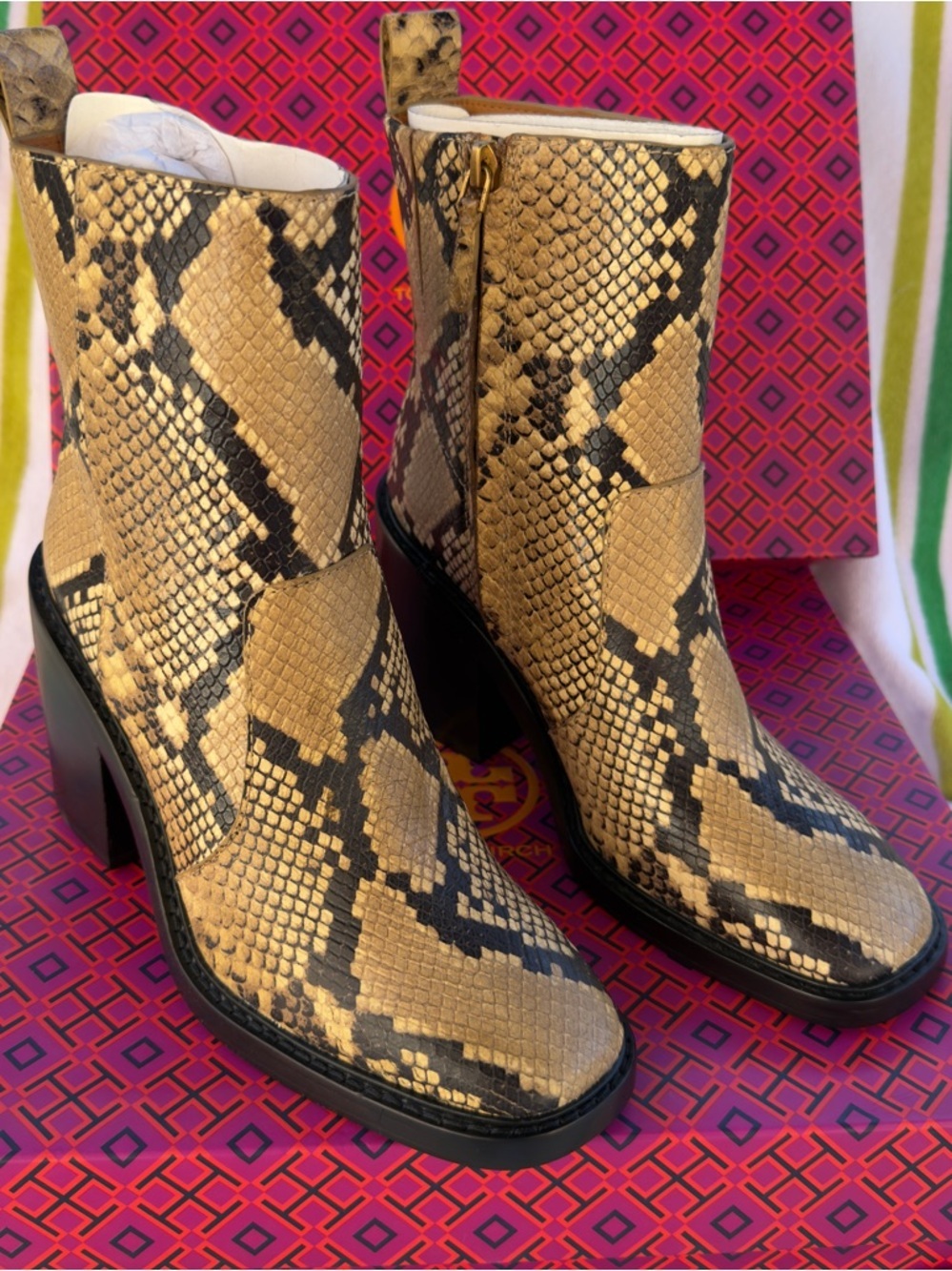 Tory Burch ROCCIO Snake Print Leather Western Ankle Heel Boots 7.5 NEW $595 - Picture 1 of 12